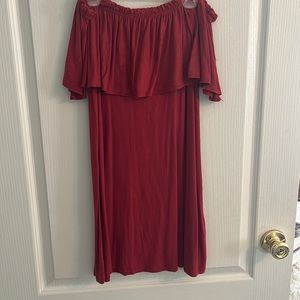 Red, off the shoulder swing dress.